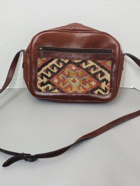 Vintage Han Kilim Turkish Wool & Leather Handcrafted Woven Crossbody Purse Bag